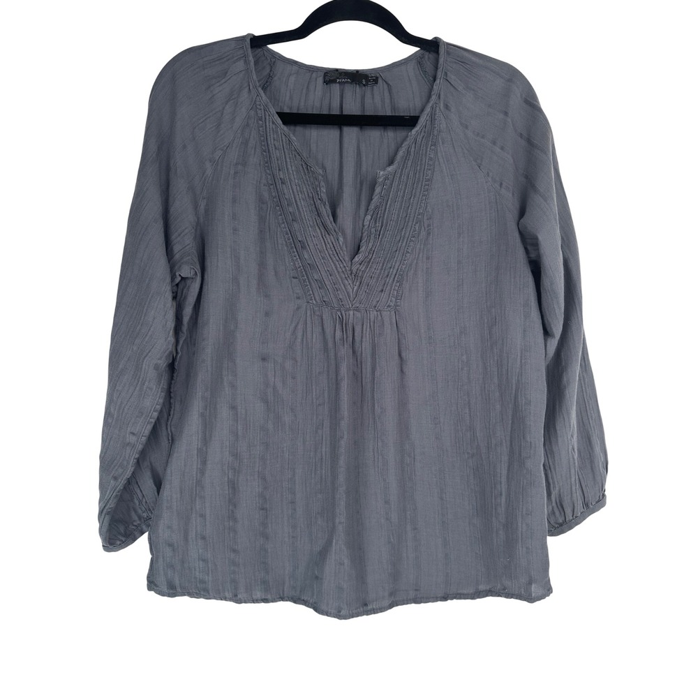 Prana Womens Small Gray Pintuck Long Sleeve Textured Blouse Top Boho Relaxed